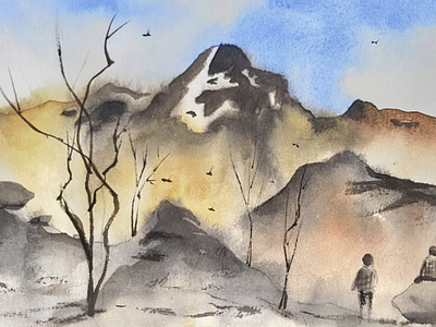 Way to mountains watercolor illustration