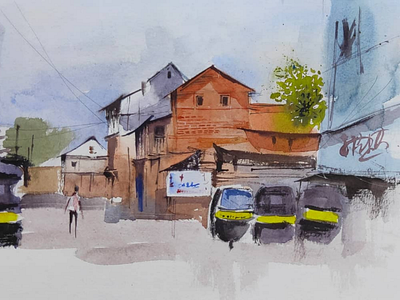 Roadside scene watercolor painting illustration