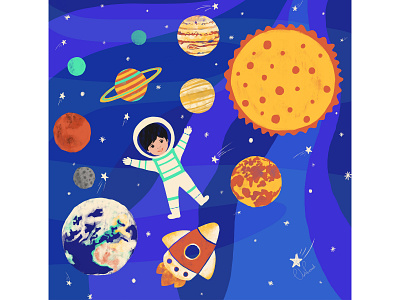 SPACE TRIP adobe art children illustration digital dribbble earth illustration moon planets simple solarsystem space space trip spaceship star sun