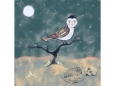 Death art bird bone dead death digital folk folkart folktale folktaleweek illustration moon nightingale persian skull sky stars tree