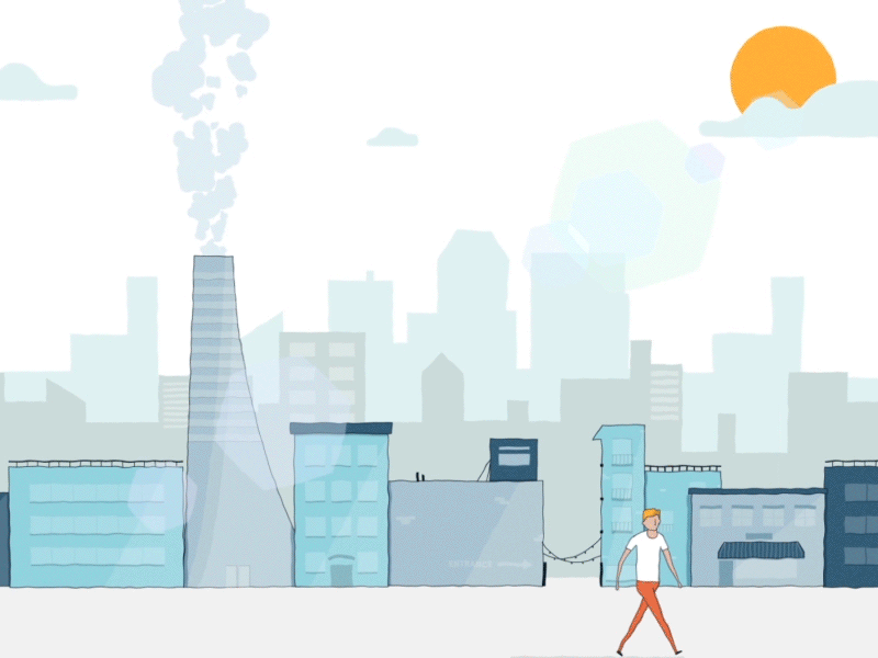 Walk it like it's hot buildings character city clouds lens flare parallax person smoke stack sun walk cycle