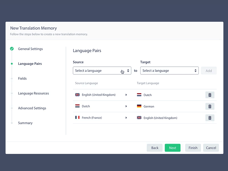 Language Pairs dialog language pairs languages modal translation wizard