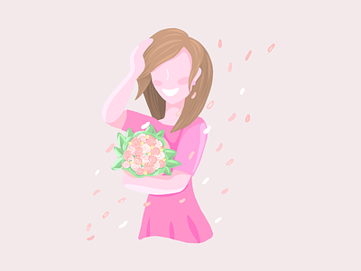 Happy girl brunette flowers happy illustration leaves pink roses smile