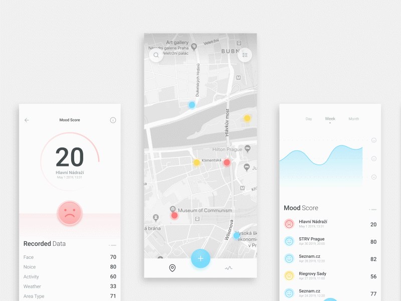 Mood Tracking App Concept app clear data visulization emoji gradient gradients graph ios map minimal mobile mood motion outline icons white background
