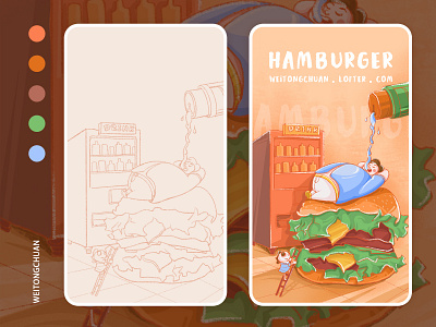 胖子的美食-Hamburger design illustration