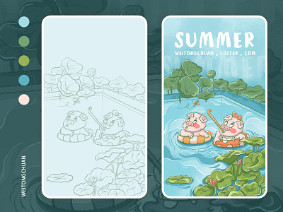 SUMMER-夏日戏水，欢天喜地鸳鸯猪🐖 design illustration