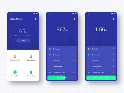 Clean Master App UI V.1 android app blue clean dashboard design dribbble gradient icon illustration ios iphone material mobile security app statistics typography ui ux vector