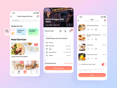 Hotels Mobile App application cards checking concept concept art flat flat design hotels ios iphone x journey mobile orange pink traveling uikit whitespace