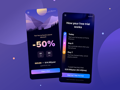 Best Paywalls - Prisma Photo Editor application dark ui forest gradient illustration ios lensa mobile moon mountains night onboarding paywall paywalls prisma prisma labs product design purple ui