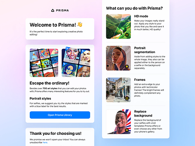 Prisma Welcome Email animation application blue branding dark mode email filters ios lensa lightui logo mailing photo editor pink prisma prisma labs template ux