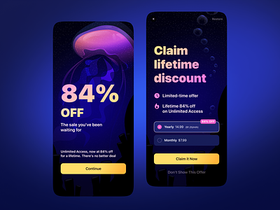 Paywall with Jellyfish for Prisma App application blue concept cosmos dark ui graphic design illustration ios iphone 13 jellyfish lensa marketing mobile ocean paywall pink prisma prisma labs ui
