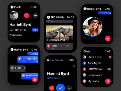 Voice Chat for Apple Watch apple watch apple watch design application application design blue chat chat app mobile app mobile ui pink ui ux voice watches