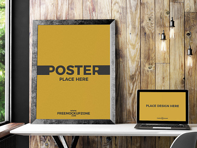 Free Laptop With Poster Frame Mockup by Free Mockup Zone on Dribbble