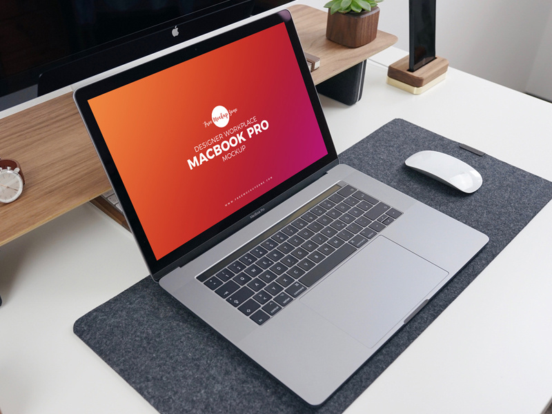 Free Designer Workplace MacBook Pro Mockup PSD 2018 by