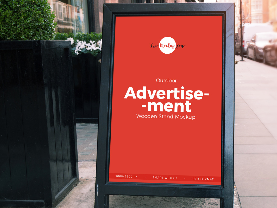 Download Free Outdoor Advertisement Wooden Banner Stand Mockup PSD by Free Mockup Zone on Dribbble