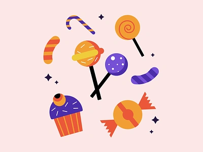 Halloween Treats 🍬🍭🧁 artwork colors dribbbleweeklywarmup flat illustration halloween halloween design halloween party illustration illustration art spooky sweets trick or treat vector illustration weeklywarmup