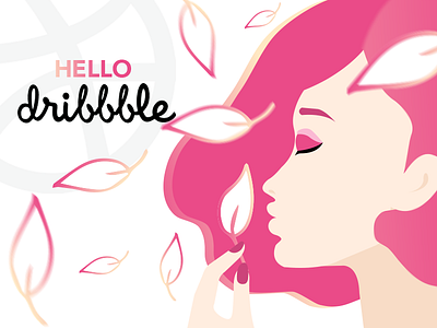 Hello Dribbble dribbble fly girl hello illustration leaves pink wind