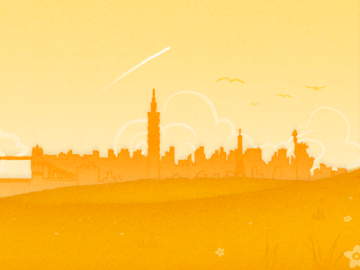 Sunny Cityscape attractions city cityscape clouds flowers illustration landscape meadow orange silhouette sky sunny sunset