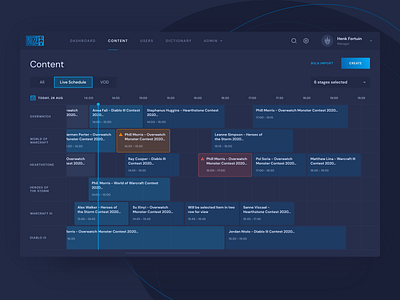 Blizzard's multimedia management tool dark ui dashboard filtering filters icons iconset interface login palette saas stream streaming styleguide table timeline toggle typogaphy ux video web