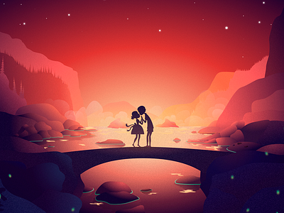 St. Valentine's Day bridge couple environment illustration love mountains nature sketch valentines day waterfall