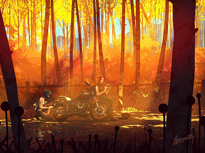 Autumn Motogirls aftereffects animation art autumn c4d harley illustration motorcycle