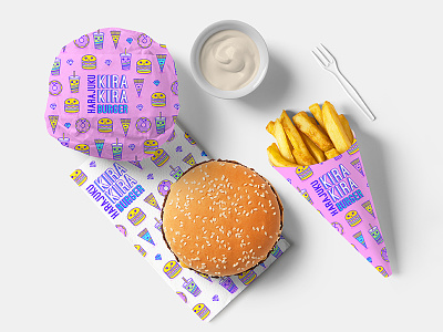 Harajuku Kira Kira Burger Identity branding burger design food identity illustration packaging pink