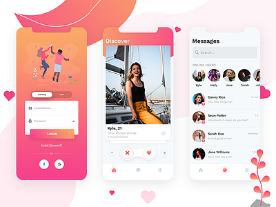 Dating App app cards chat dating app home illustration ios like list login messages mobile mockup online photoshop social ui user experience user interface ux