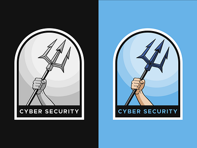 Cyber Security Badge badge branding cyber security cybersecurity fork grayscale illustration logo neptune patch poseidon protector sea security sketch sticker team trident vector weapon