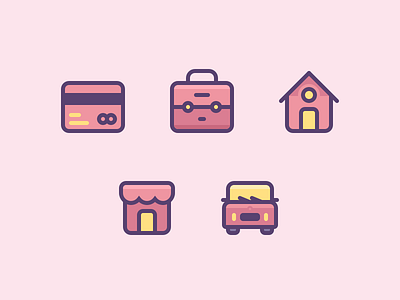 Coloured Line Icons auto bag car card commerce home house hut icon line icons pink shop