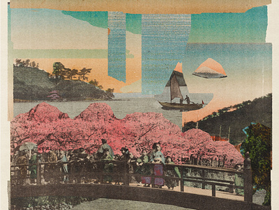 170 cherry blossoms collage distortion gradients illustration japan postcards poster print sky trees vintage