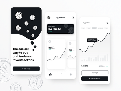 Token trading application bitcoin black and white charts crypto exchange cryptocurrency ethereum exchange figma fintech fintech app tokens ui uidesign ux wallet ui