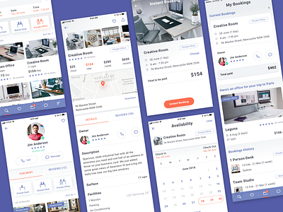 Rent Workspaces - UI (1/2) (2018) booking business calendar view conference room dashboard desk detailsscreen iphone mobileapp office profilescreen rent renter ui user experience user interface userflow workdesk workspace workspaces