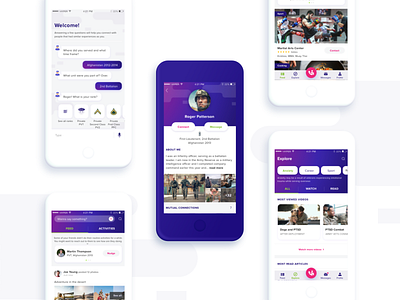 Soldiers Connect - UI (1/2) (2017) chatbot connectionapp explorepage feed mobile app profile screen ptsd soldiers app soldiers connect ui user experience ux vetapp