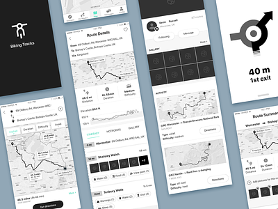 Biking Routes - UX wireframes (2018) app bike biking blackwhite cycling details difficulty directions hotspots map mobile pictures profile routes tracks traffic user experience ux ui warnings wireframes