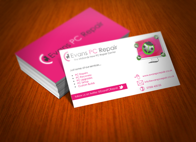 Evans PC Repair Business Card Design biz card business card computers pc repair pink white