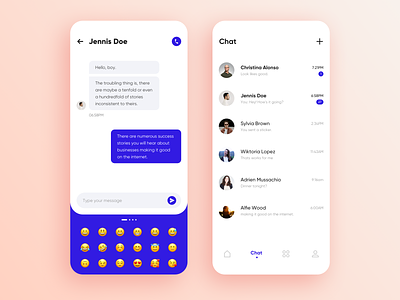 Social app UI chat app applicaiton blue card chat clean design emoji graphics interface list message mobile sketch typography ui ux white write