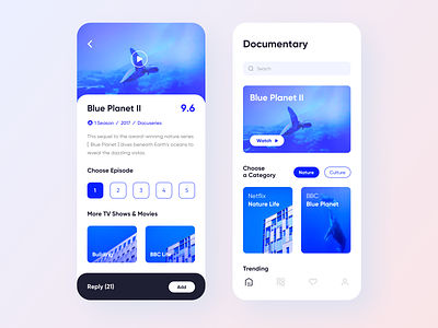 Documentary Play UI app application blue card clean design documentary graphics homepage interface mobile movie play sketch typography ui ux video white