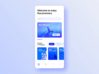 Documentary play pages animation animation app application blue card clean design documentary graphics homepage interface mobile movie play sketch typography ui ux video white
