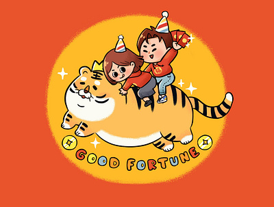 Happy Tiger Year boy girl good forturn illustration jump new year red tiger