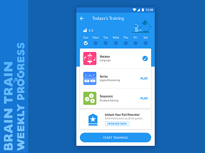 Training screen android app brain train count daily dashboard game game icons game ui icons illustration material design mobile app mobile ui note progress training unlock pro weekly progress