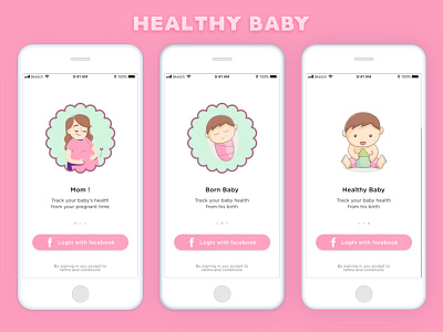 Onboarding screens baby colors facebook login health healthy baby illustrations login screen mother onboarding screens tracking walkthrough