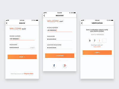 Login Screens fb login login screen mobile ui onboarding screens otp screen otp verification register screen sign in screen verification