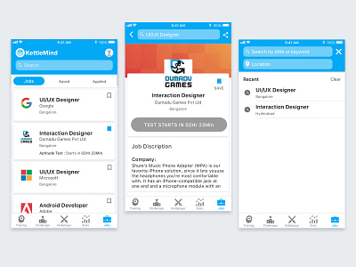 Play Games & get hired ! brain storm branding cards company dashboard game ios jobs kettlemind location logo mind training mobile ui opportunity search screen tabs take test test training