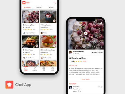 Chef App cards challenges comments cook food food app home screen iphonex mobile ui portfolio product page tabbar