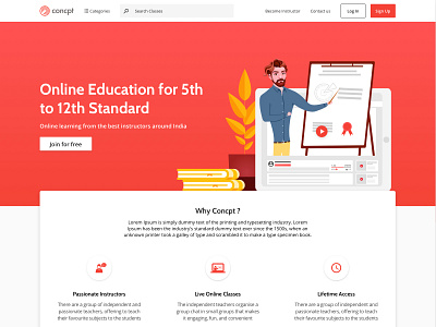 Online Education Landing Page art banner book cards categories category icons courses footer icons illustration landing page testimonial webpage website