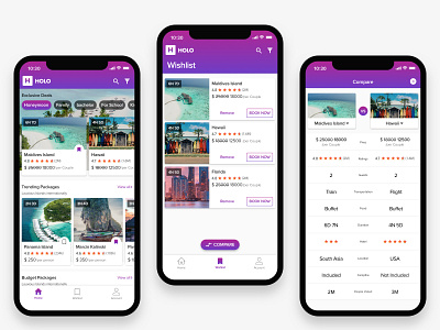 Travel Booking App bookmark branding cards colors compare hotels compare products compare screen comparision holo honeymoon hotel booking iphone 10 logo mobile ui tabs travel travel agency travel app travel package vacation planning