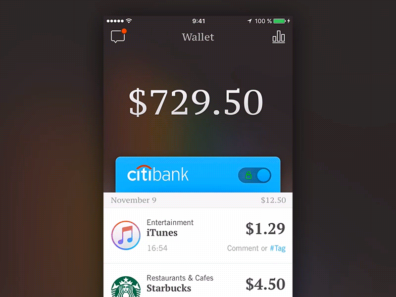 Mobile Wallet analytics animation app card chart finance ios money ui ux wallet