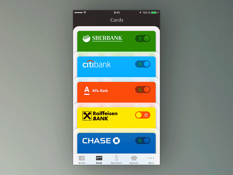 Cards List animation app banking card credit cards ios iphone mobile money ui ux wallet