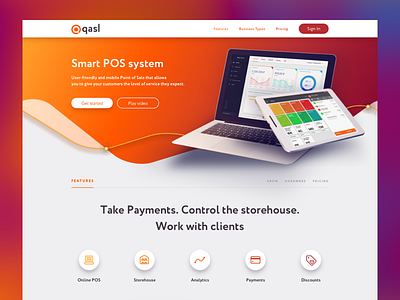Qasl. Landing Page features graph landing laptop orange payments plans pos pricing tablet testimonials web
