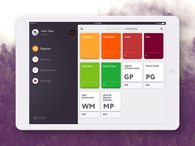Qasl. iOS cash register cafe cards ios ipad payments register restaurant retail sale sidebar ui ux